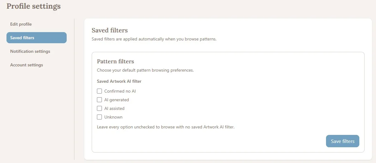 Flosshaven account settings AI filter