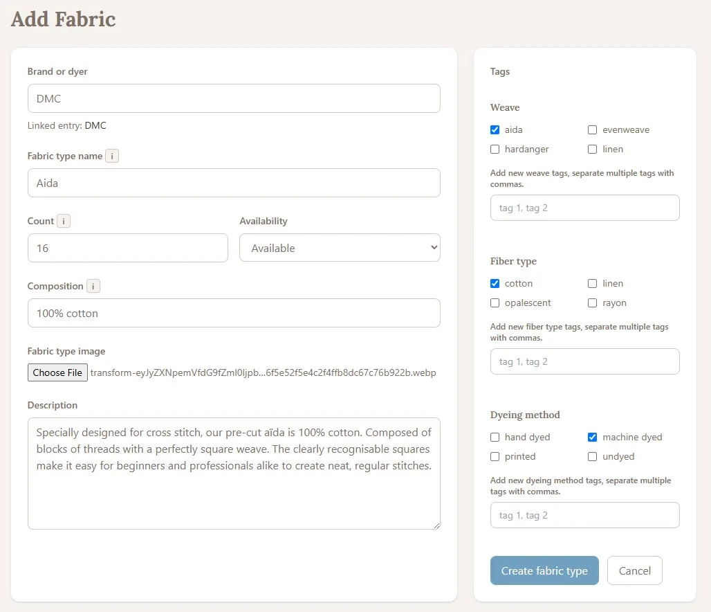 Add fabric to database form
