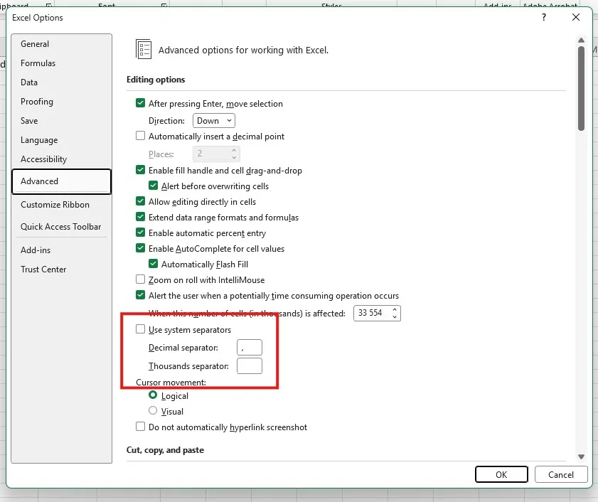 Excel advanced settings
