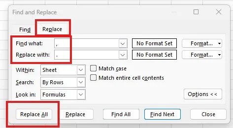 Excel find and replace all