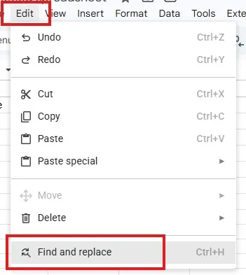 Google sheets find and replace