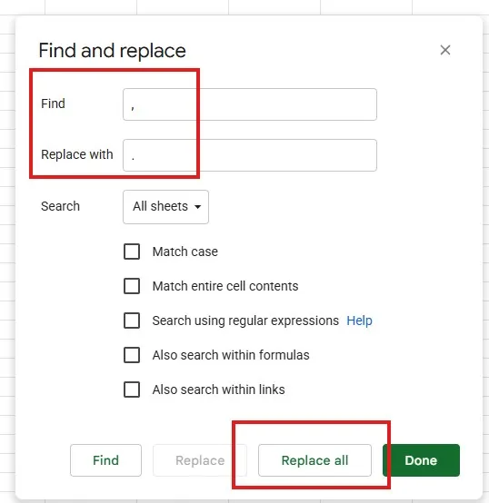 Google sheets find and replace values