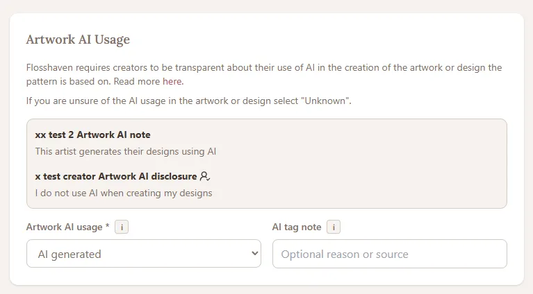 Flosshaven cross stitch designer AI disclosure on pattern form